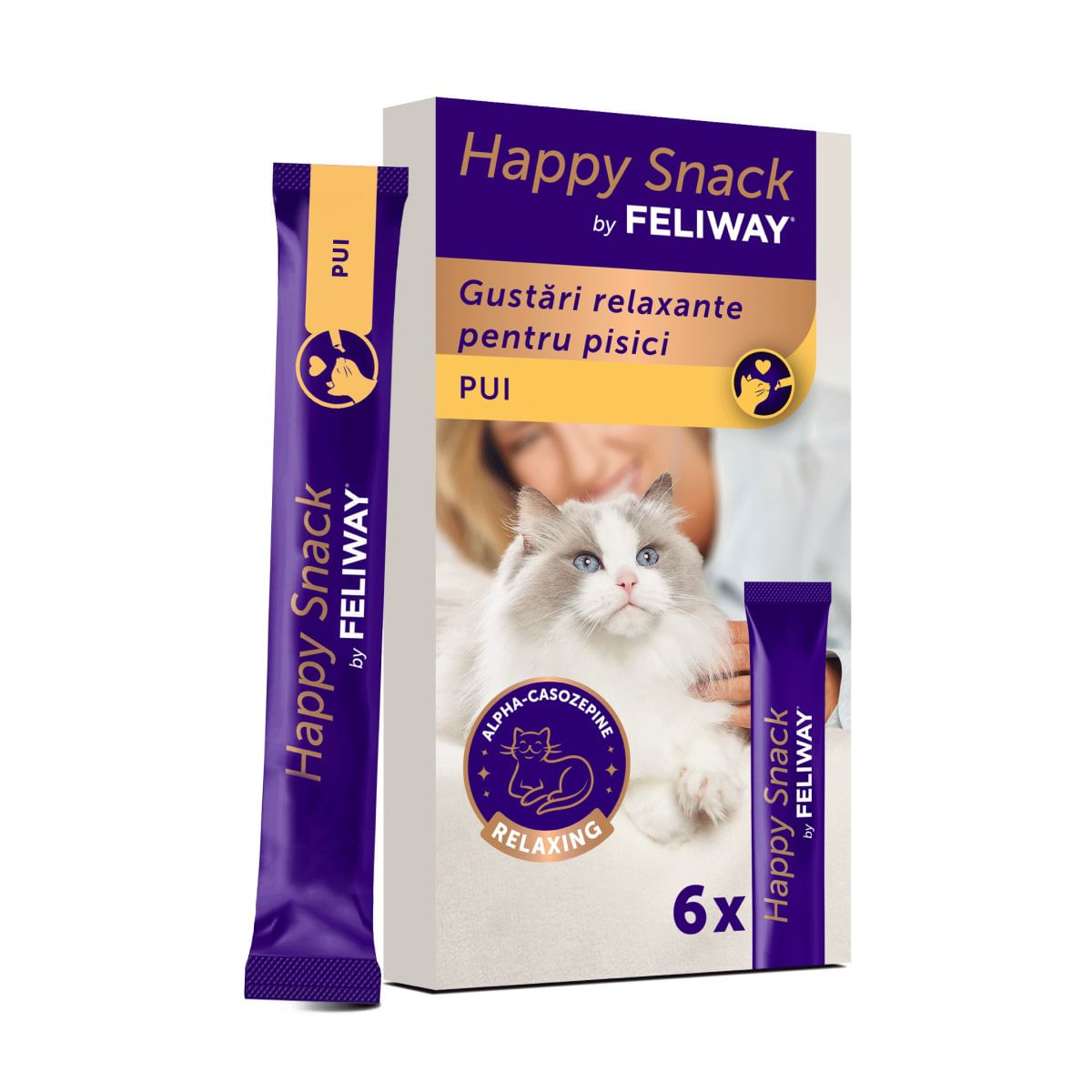 FELIWAY Happy Snack, Pui, plic recompense funcționale pisici, sistem nervos &amp; calmante, (topping), 15g x 6buc